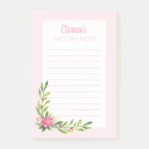 Pink Floral Mitzvah Note: 4x6 Sticky Pad Post-it Notes
