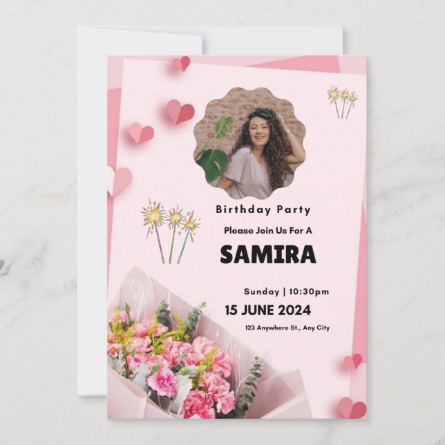 Pink Floral Modern Birthday Invitation (Front)