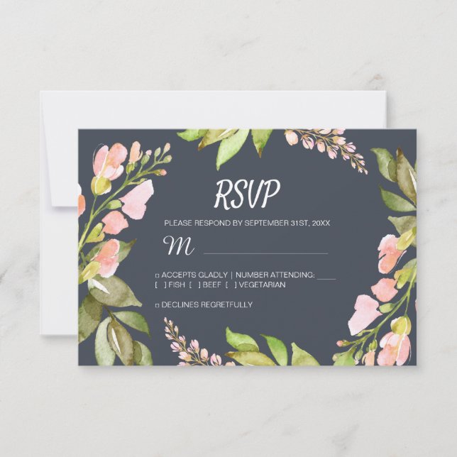 Pink Floral Modern Dark Blue Wedding RSVP Card (Front)