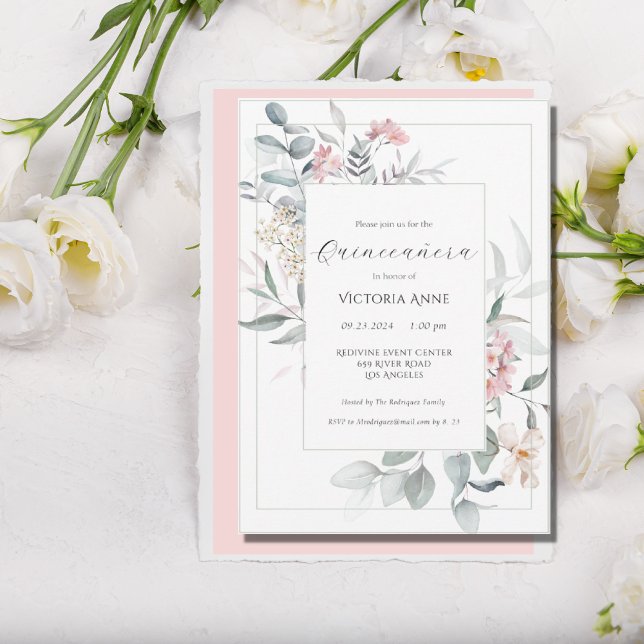 Pink Floral Modern Quinceañera Invitation (Creator Uploaded)