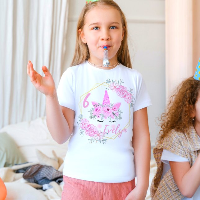 Pink Floral Modern Unicorn Birthday T-Shirt (Creator Uploaded)