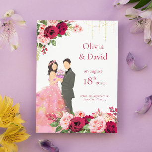 Pink Floral Modern Watercolor Red Flowers Wedding Invitation