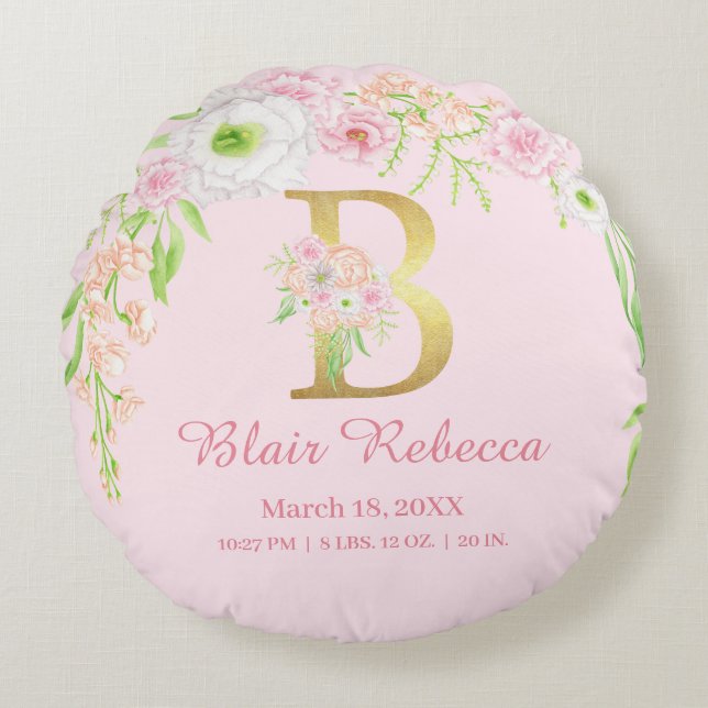Pink Floral Monogram Baby Stats Round Cushion (Front)