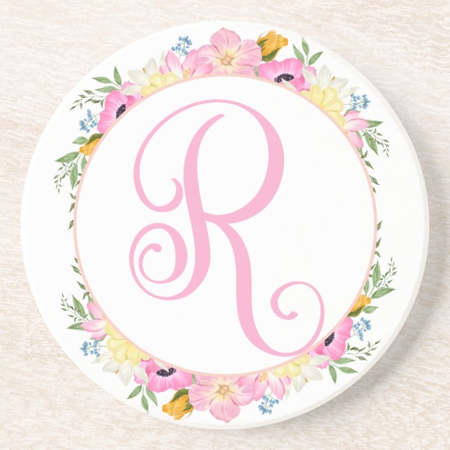 Pink Floral Monogram Coaster (Front)