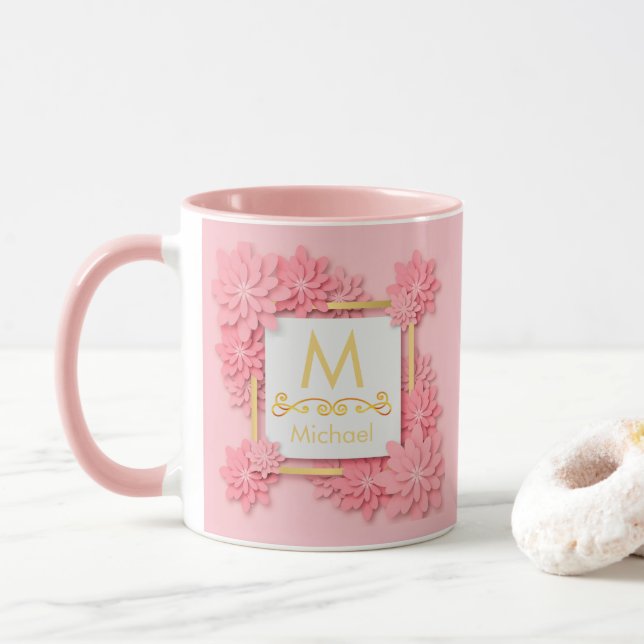 Pink Floral Monogram I Custom Gold Initial & Name Mug (With Donut)