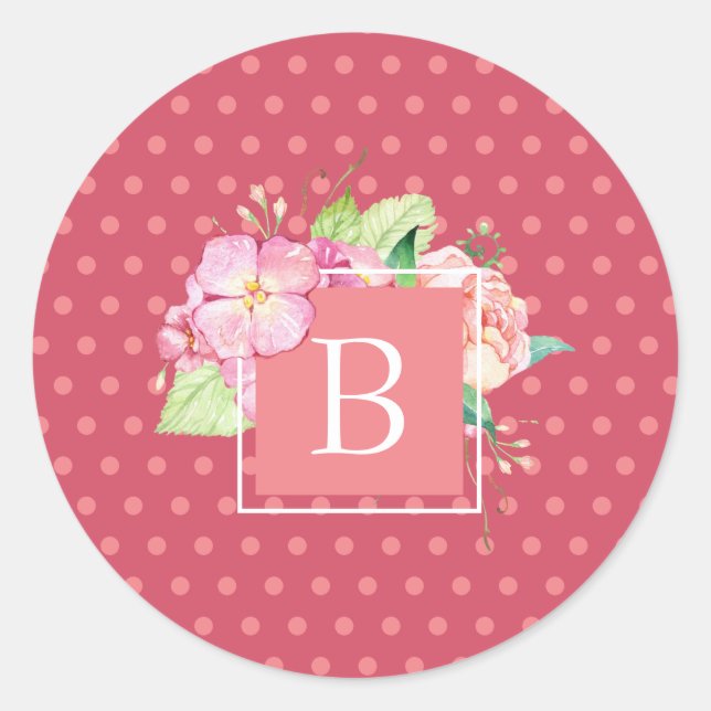 Pink Floral Monogram Initial  Classic Round Sticker (Front)