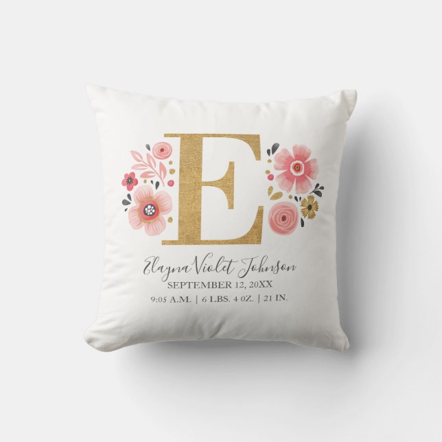 Pink Floral Monogram Initial Letter E Birth Stats Cushion (Front)