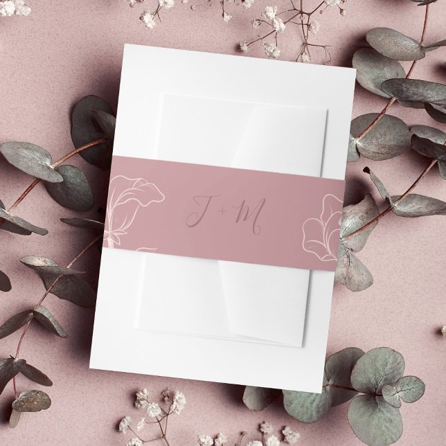 Pink Floral Monogram Invitation Belly Band (Elegant blush pink and mauve outline floral monogram wedding belly band. )