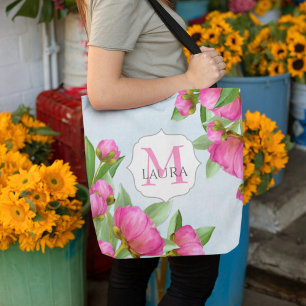 Pink Floral Monogram Name Personalised Tote Bag