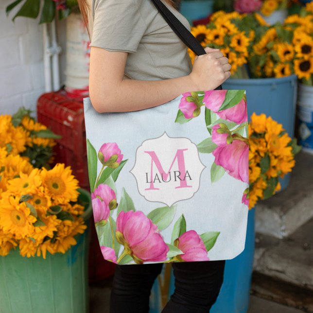 Pink Floral Monogram Name Personalised Tote Bag (Creator Uploaded)