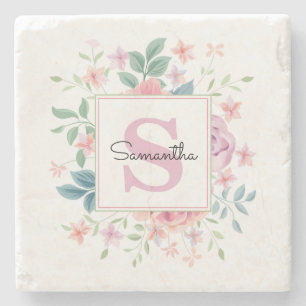 Pink Floral Monogram Stone Coaster