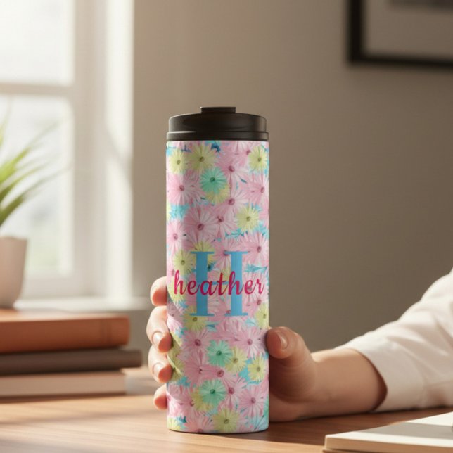 Pink Floral Monogram Thermal Tumbler (Creator Uploaded)