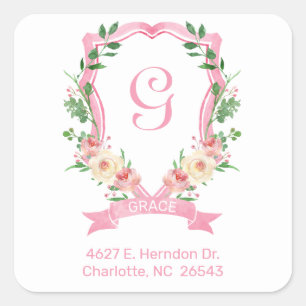 Pink Floral Monogrammed Crest Return Address Square Sticker