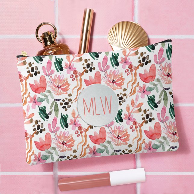 Pink Floral Monogrammed Large Accessory Pouch (Large Pink Floral Monogrammed Accessory Pouch)