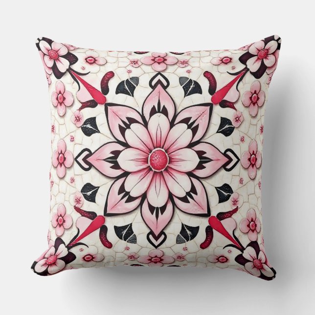 Pink Floral Mosaic Throw Pillow (Front)