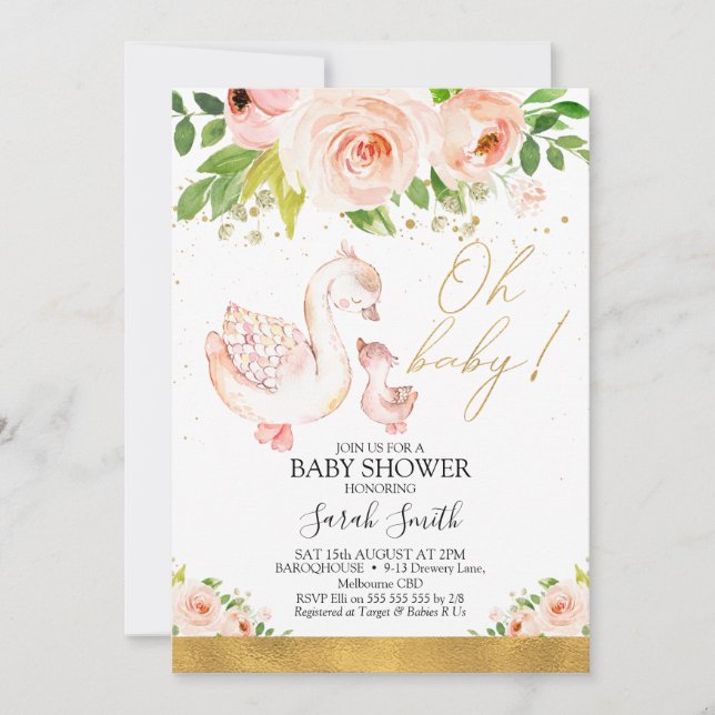 Pink Floral Mother Duck Duckling Baby Shower Invitation (Front)