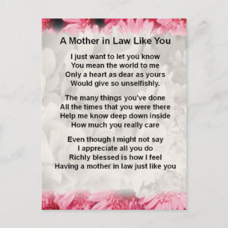 Pink Floral -  Mother in Law Poem Postcard