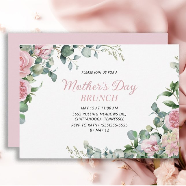 Pink Floral Mother's Day Brunch Invitation (Pink roses Mother's Day Brunch invitation)