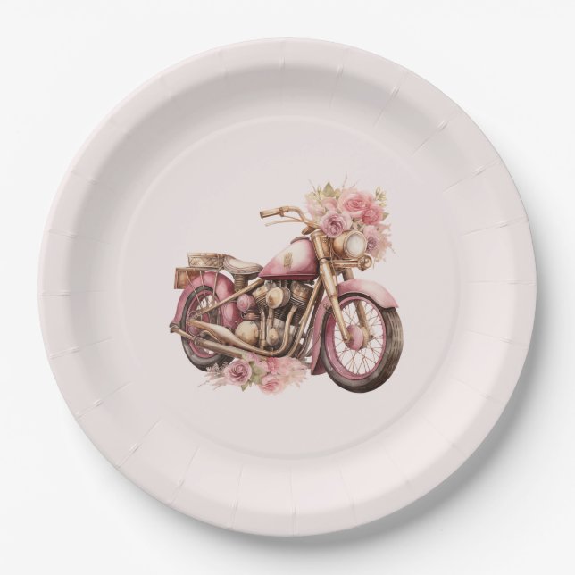 Pink Floral Motorcycle Birthday Paper Plate (Front)