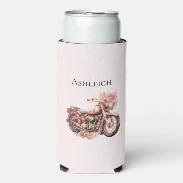 Pink Floral Motorcycle   Seltzer Can Cooler (Seltzer Front)