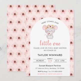Pink Floral Mouse Baby Shower Invitation