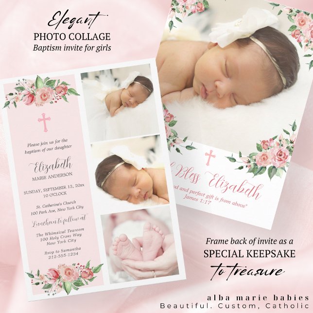 Pink Floral Multiphoto Baptism for Girls Invitation (Creator Uploaded)