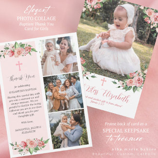 Pink Floral Multiphoto Baptism for Girls Thank You Card