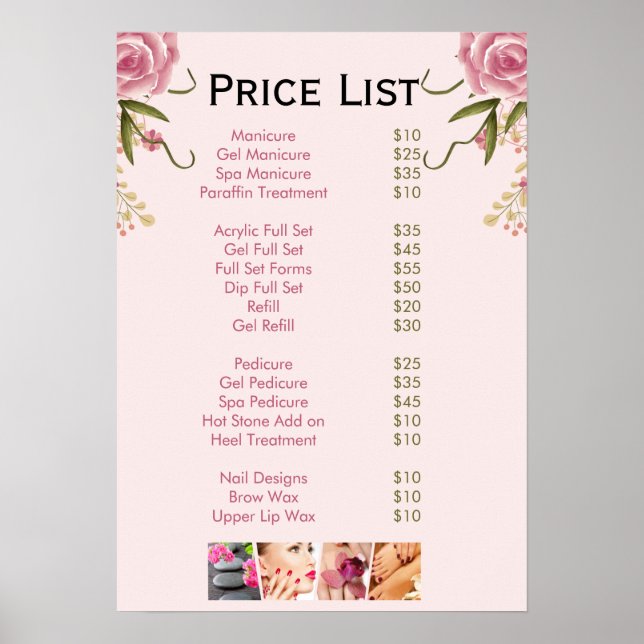 Pink floral Nail Salon Price List Menu  Poster (Front)