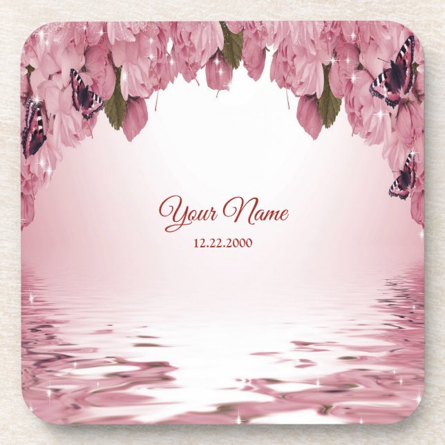 Pink Floral Nature Butterfly Outdoor Wedding Party Coaster (Front)