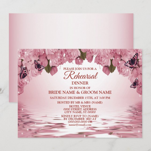 Pink Floral Nature Wedding Rehearsal Dinner Party Invitation (Front/Back)