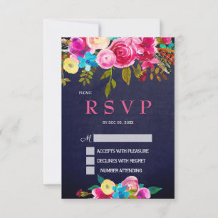 Pink Floral Navy Blue Chalkboard RSVP card