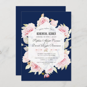 Pink Floral Navy Blue Geometric Rehearsal Dinner Invitation