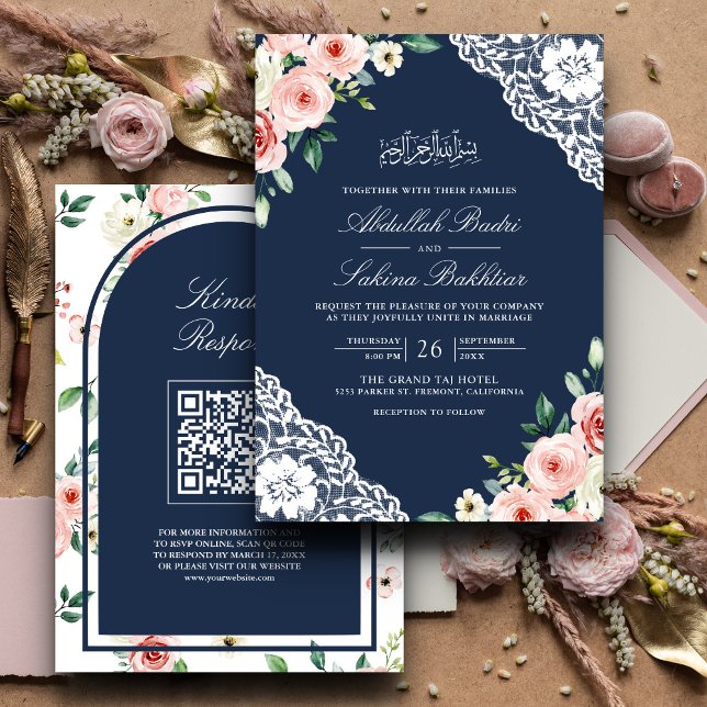 Pink Floral Navy Blue Lace QR Code Muslim Wedding Invitation (Creator Uploaded)