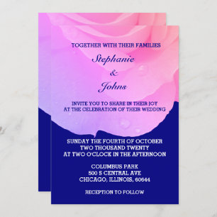 Pink Floral Navy Blue Rose QR Code Cool Wedding Invitation