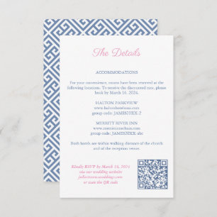 Pink Floral Navy Monogram Wedding Details QR Code Enclosure Card
