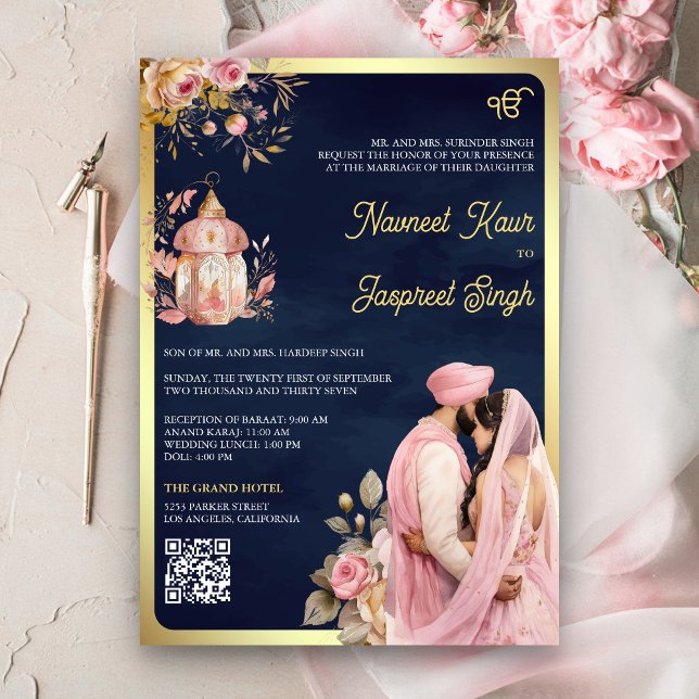 Pink Floral Navy QR Code Anand Karaj Sikh Wedding Invitation (Creator Uploaded)