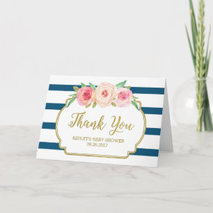 Pink Floral Navy Stripes Baby Shower Thank You