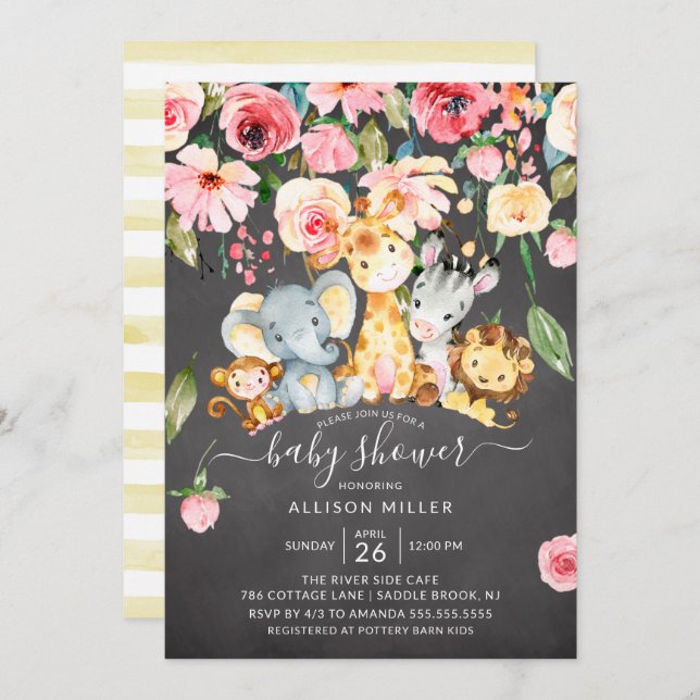 Pink Floral Neutral Safari Animals Baby Shower Invitation (Front/Back)