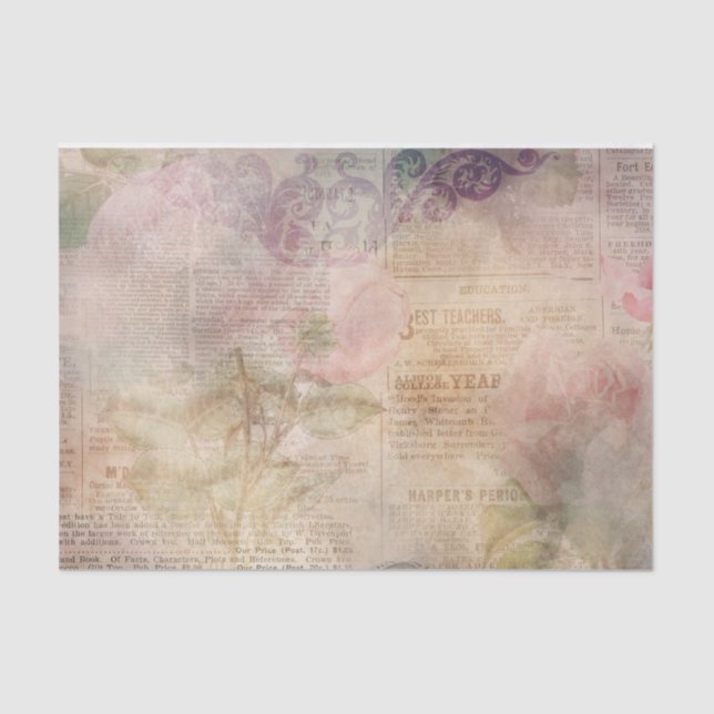 Pink Floral Newsprint Collage Tissue Paper (Front)