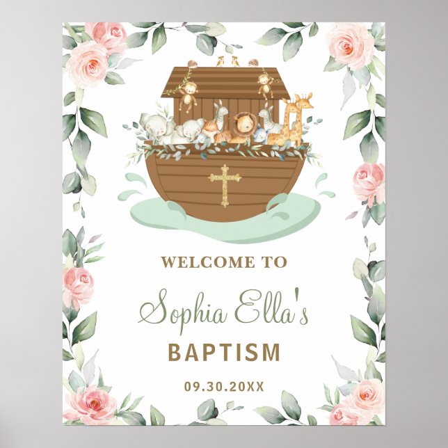 Pink Floral Noah's Ark Girl Baptism Welcome Poster (Front)