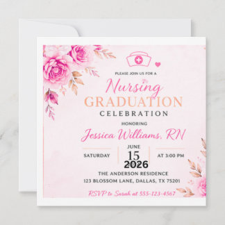 Pink Floral Nursing Graduation Invitation | Elegan