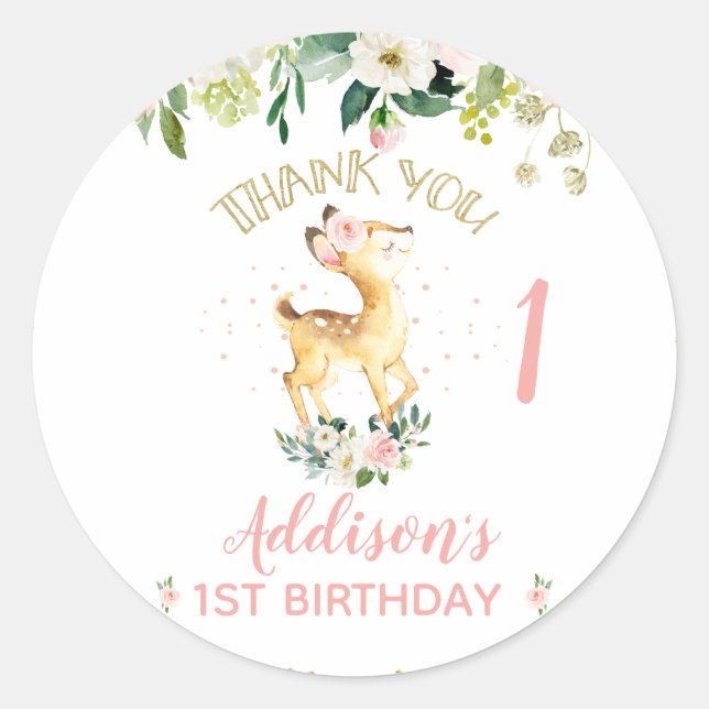 Pink Floral Oh Deer 1st Birthday Classic Round Sticker (Front)