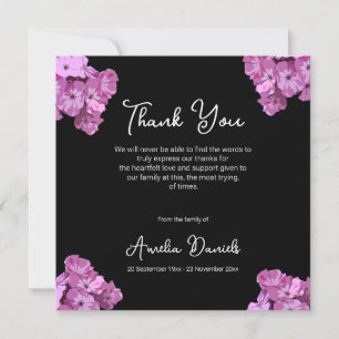Pink Floral on Black Funeral Thank You Card