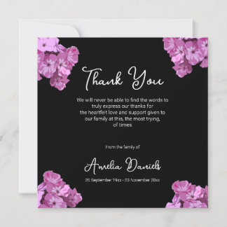 Pink Floral on Black  Funeral Thank You Card