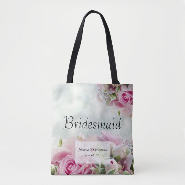 Pink Floral on Teal Elegant Bridesmaid Wedding Tote Bag (Front)