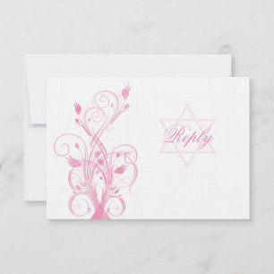 Pink Floral on White Linen Bat Mitzvah RSVP Card