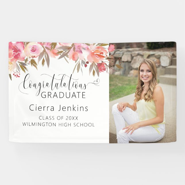 Pink Floral One Photo Calligraphy Graduation Banner (Horizontal)