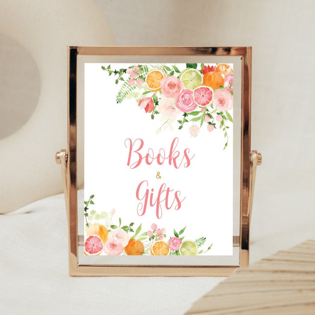 Pink Floral Orange Citrus Books and Gifts Poster (Girl Lemon Baby Shower Books and Gifts Sign)