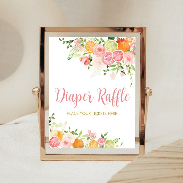 Pink Floral Orange Citrus Diaper Raffle Poster (Girl Lemon Baby Shower Diaper Raffle Sign)