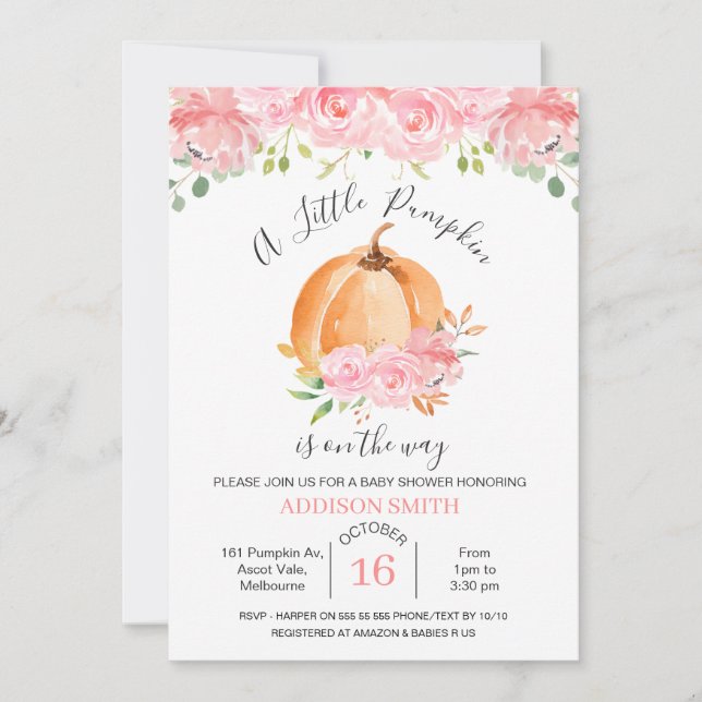 Pink Floral Orange Pumpkin Baby Shower Invitation (Front)